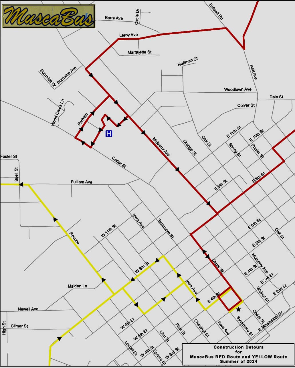 Map of Red and Yellow route detours for Cedar Street closure (JPG)