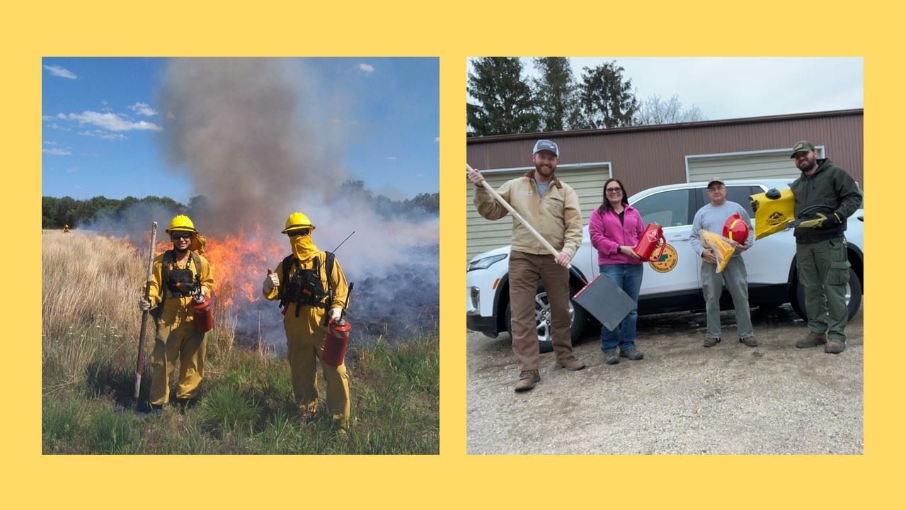 Prescribed Fire Equipment Cache Advance Promo (JPG) with photos of equipment, burn