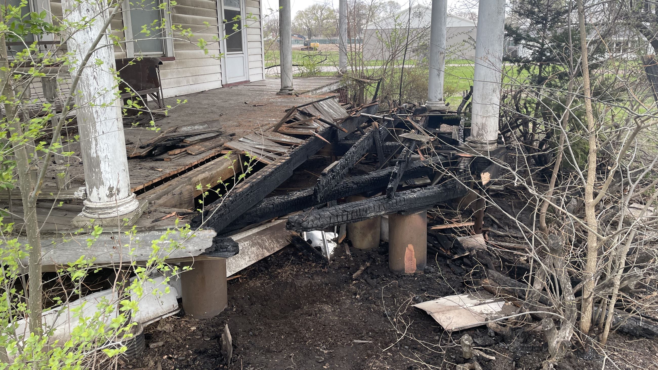 041325 Stewart Road Porch Fire (JPG) showing damage to front porch of house