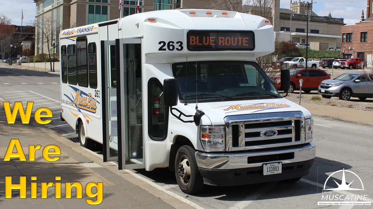 We Are Hiring - Public Transit (JPG) showing white MuscaBus on Blue Route