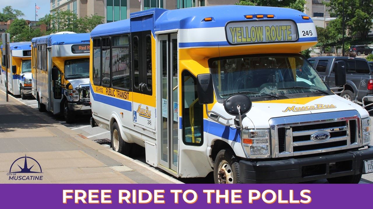 MuscaBus Ride to the Polls (JPG) showing buses lined up at City Hall