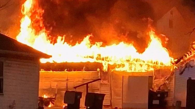 Garage Fire 2206 Hershey Nov. 16, 2025 (JPG) showing flames coming from garage