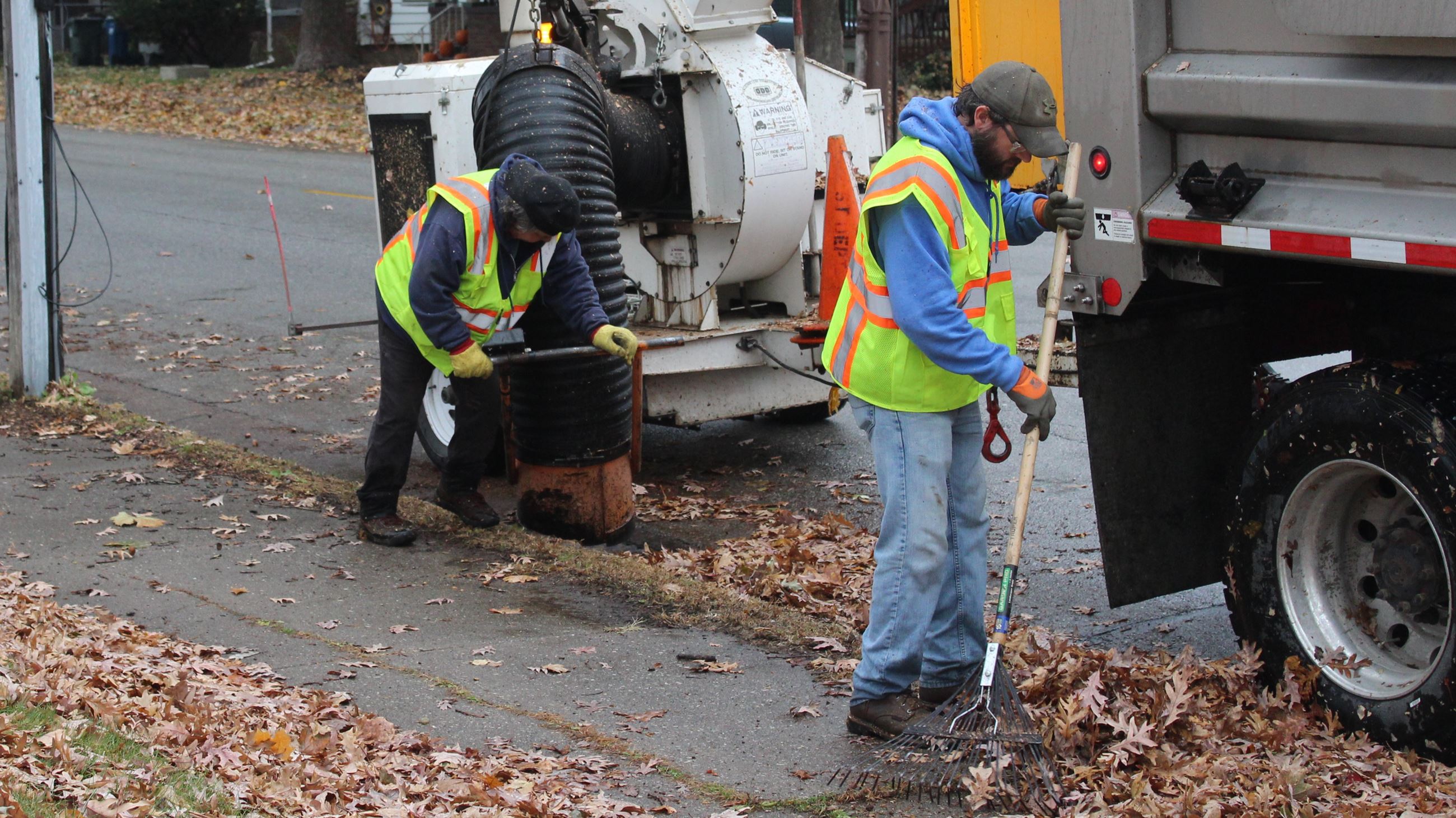 111825 Leaf Collection 101 on Mulberry (JPG) showing workers raking leaves to vacuum